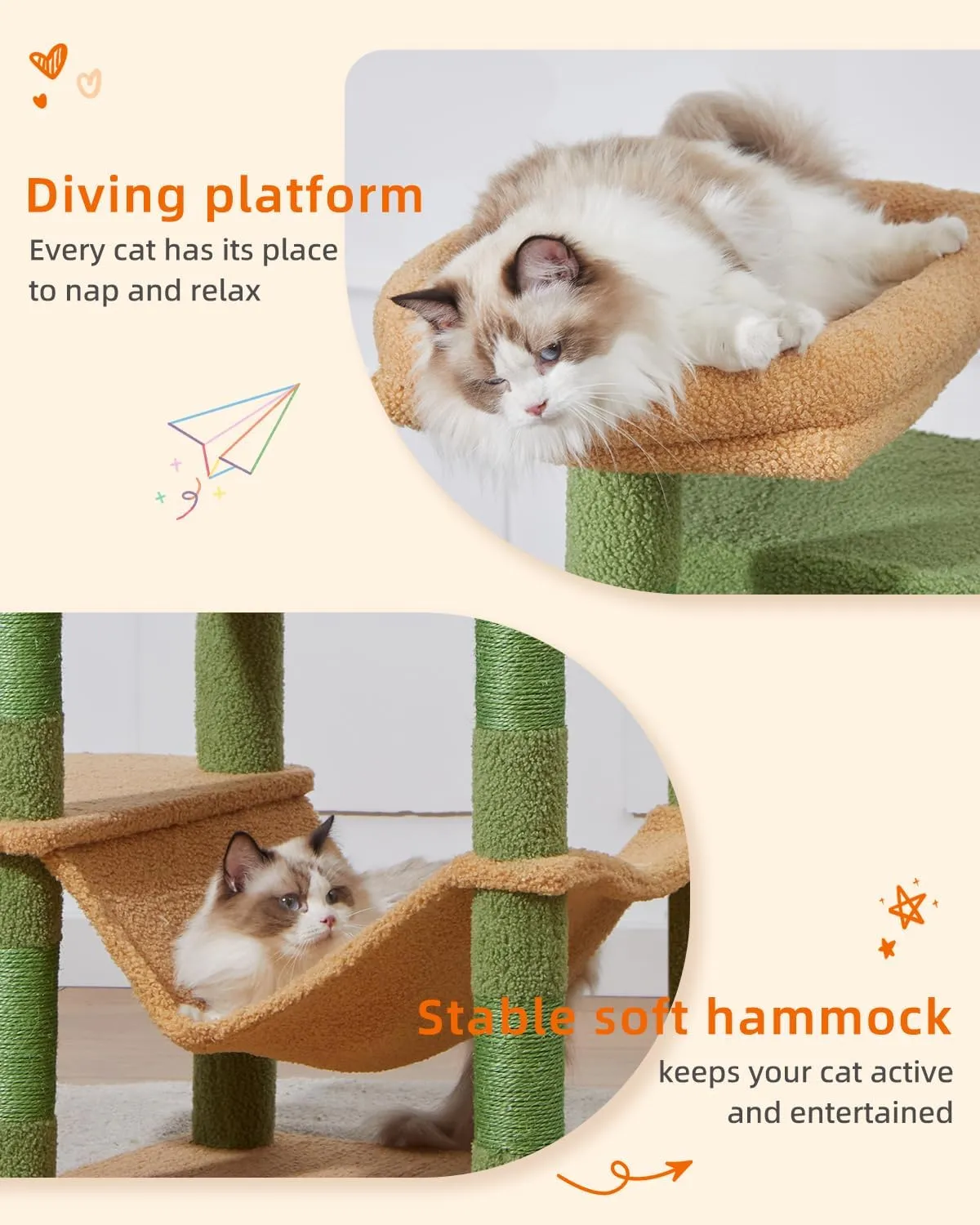 Taoqimiao 70.4-Inch Cat Tree for Large Cats, Plush Multi-Level Cat Condo with 7 Scratching Posts, 2 Luxury Perches, 2 Caves, Hammock, 2 Pompoms, Scratch Board for Indoor Cats MS030LT Cactus