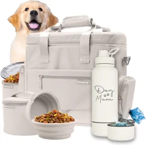 The Original Doggy Bag (Beige) & 32oz Insulated Water Bottle with Attached 8oz Bowl (Dog Mom) - Dog Travel Bag & Hydration Set