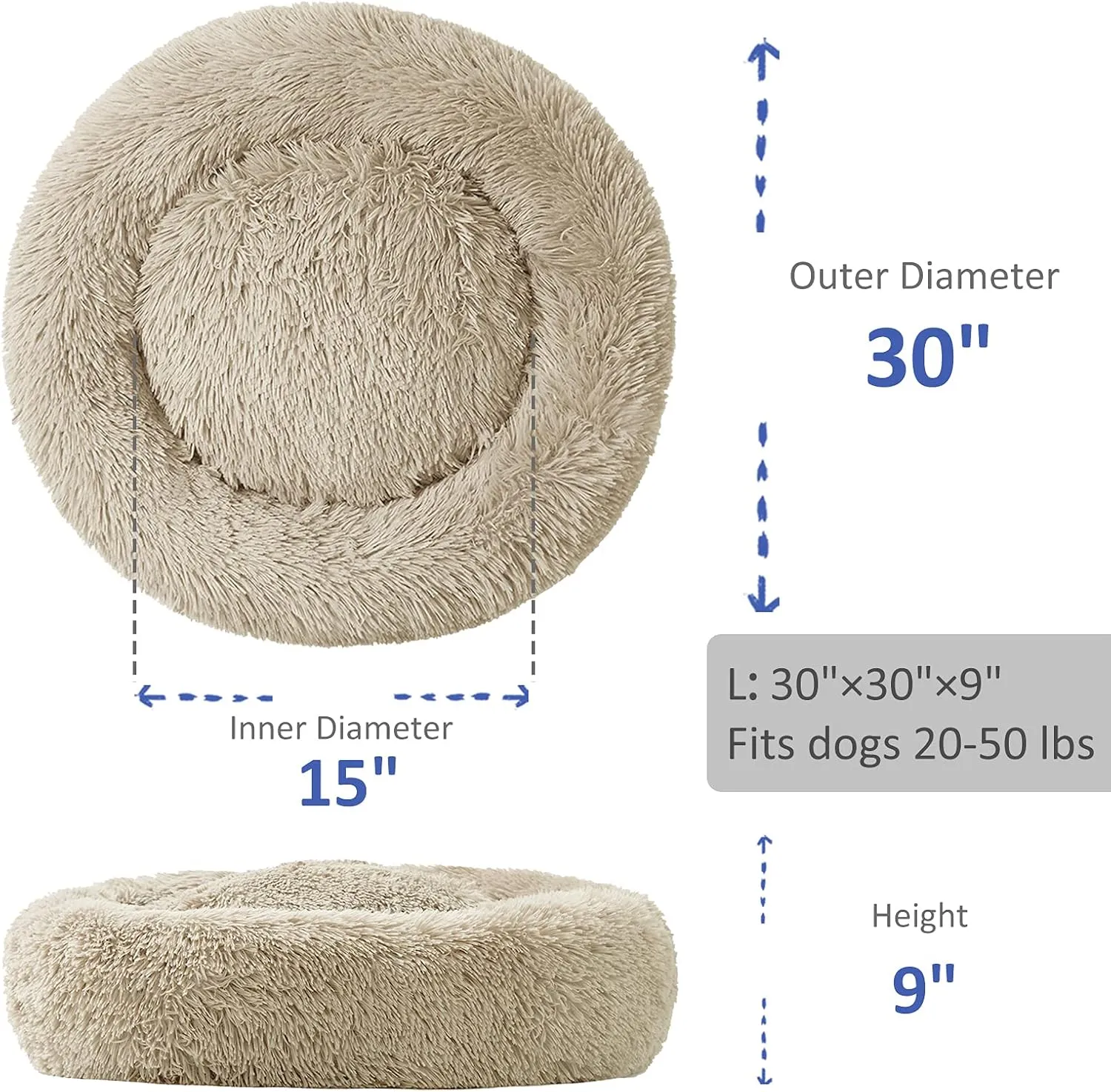 Washable Round Bed for Large Dogs, Donut-Shaped Calming Cuddler for Medium Dogs, Comfy