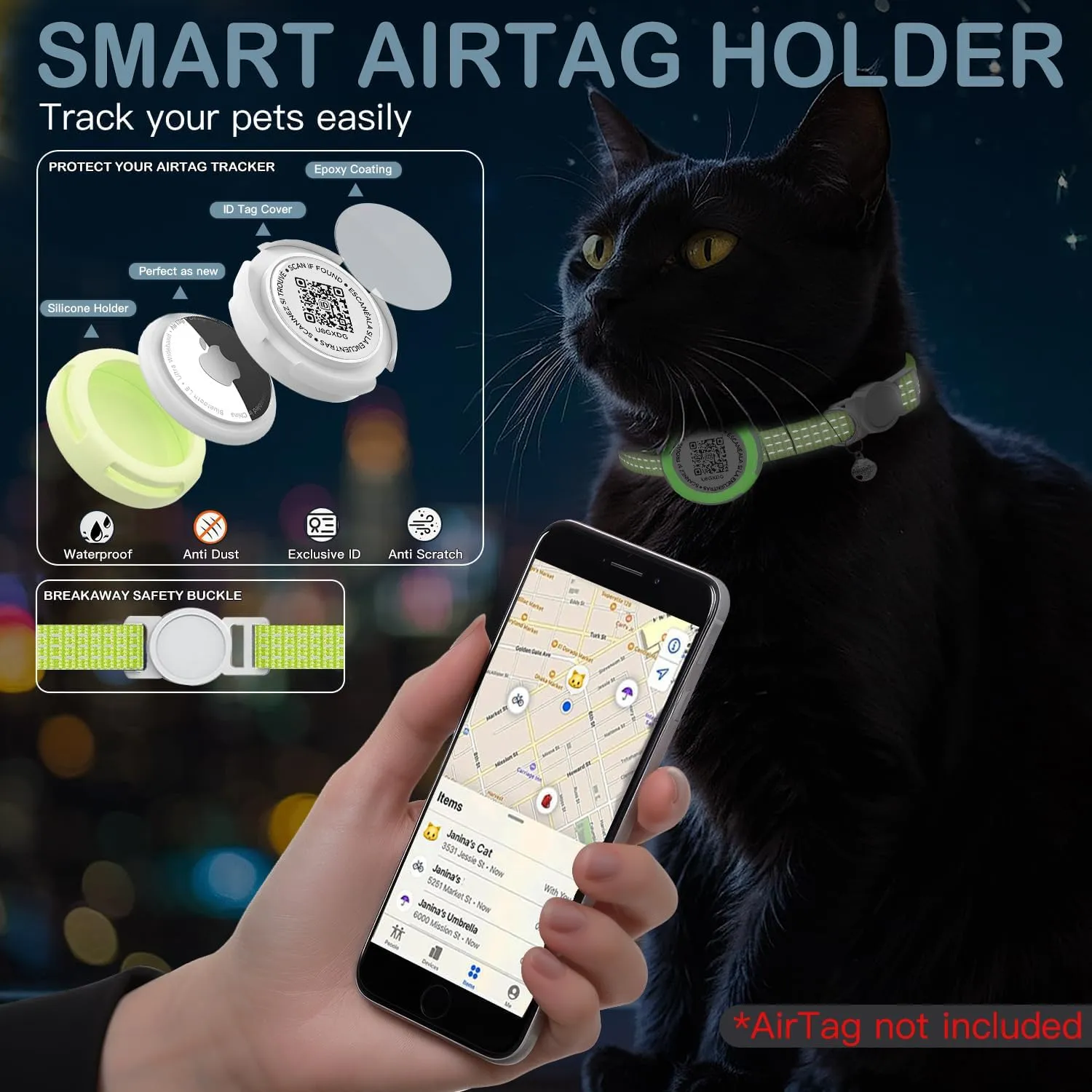Waterproof Airtag Cat Collar, Lightweight Breakaway Cat Airtag Collar with QR ID Tag & Reflective for Apple Air tag, Hidden GPS Tracker Holder with QR Code Pet Name Tag for Cats, Kittens (9-13inch)