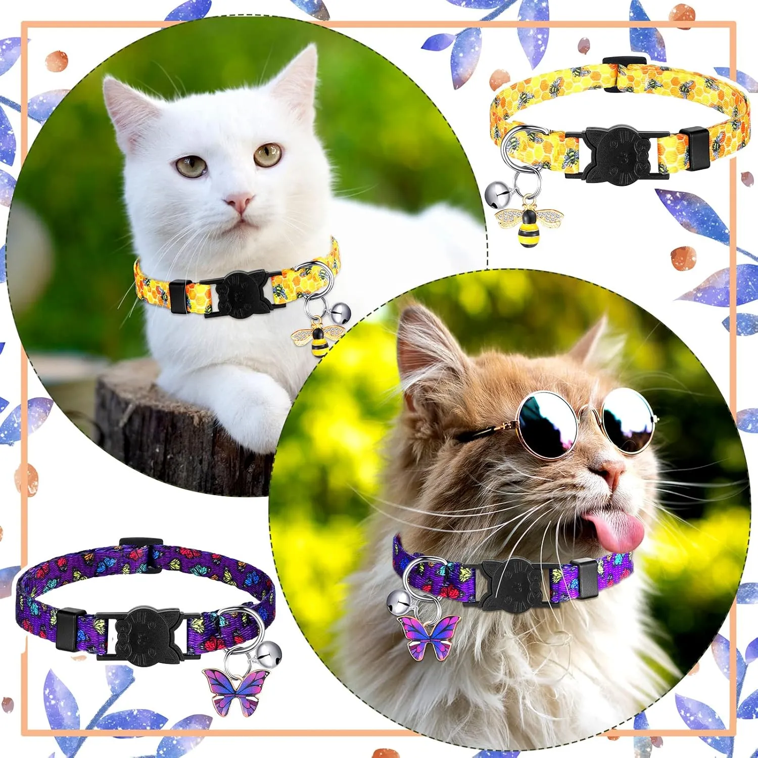 Weewooday 4 Pieces Cat Collars Breakaway with Bell and Pendants Colorful Summer Safety Collar Adjustable for Cats Cute Kitten Set Pet Supplies (Small, Style)