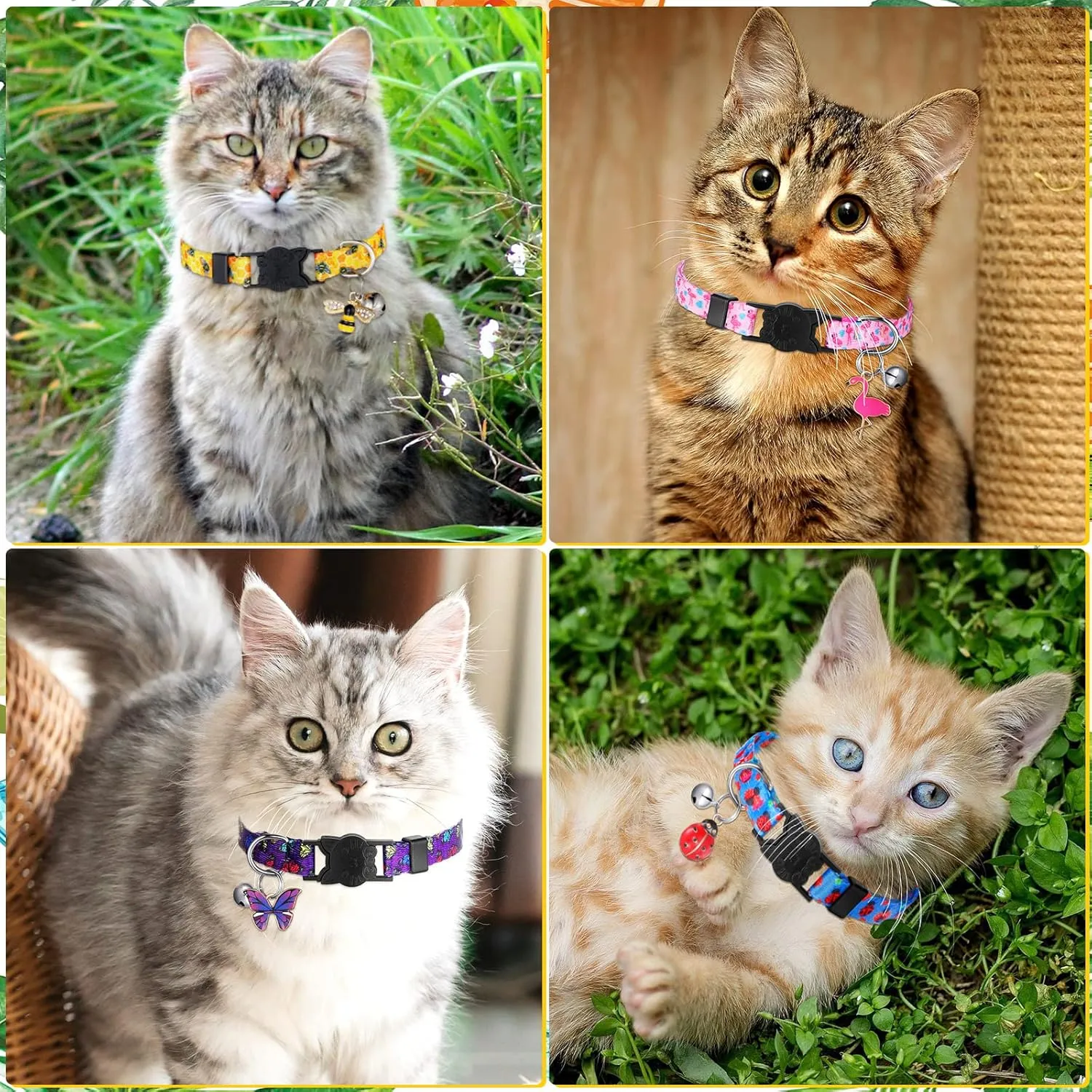 Weewooday 4 Pieces Cat Collars Breakaway with Bell and Pendants Colorful Summer Safety Collar Adjustable for Cats Cute Kitten Set Pet Supplies (Small, Style)