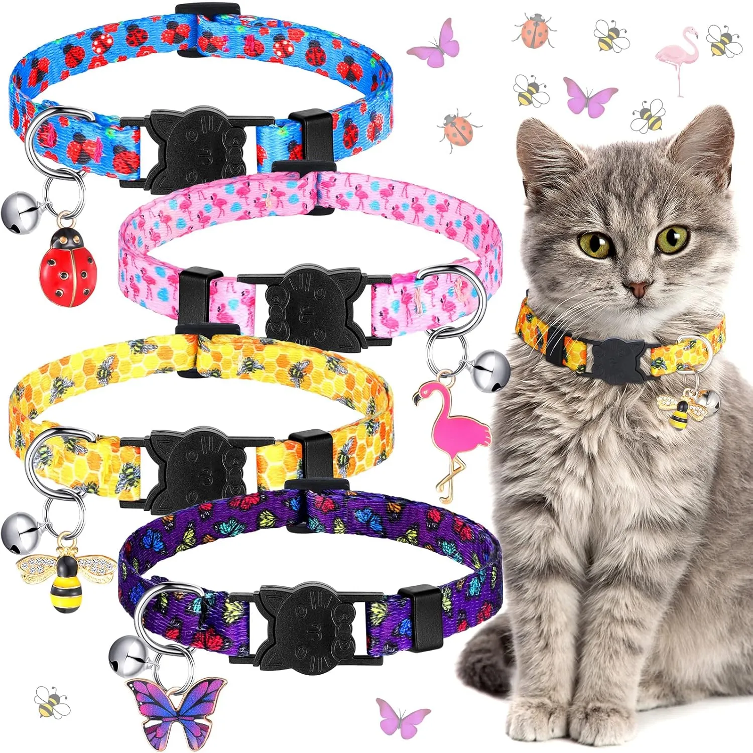 Weewooday 4 Pieces Cat Collars Breakaway with Bell and Pendants Colorful Summer Safety Collar Adjustable for Cats Cute Kitten Set Pet Supplies (Small, Style)