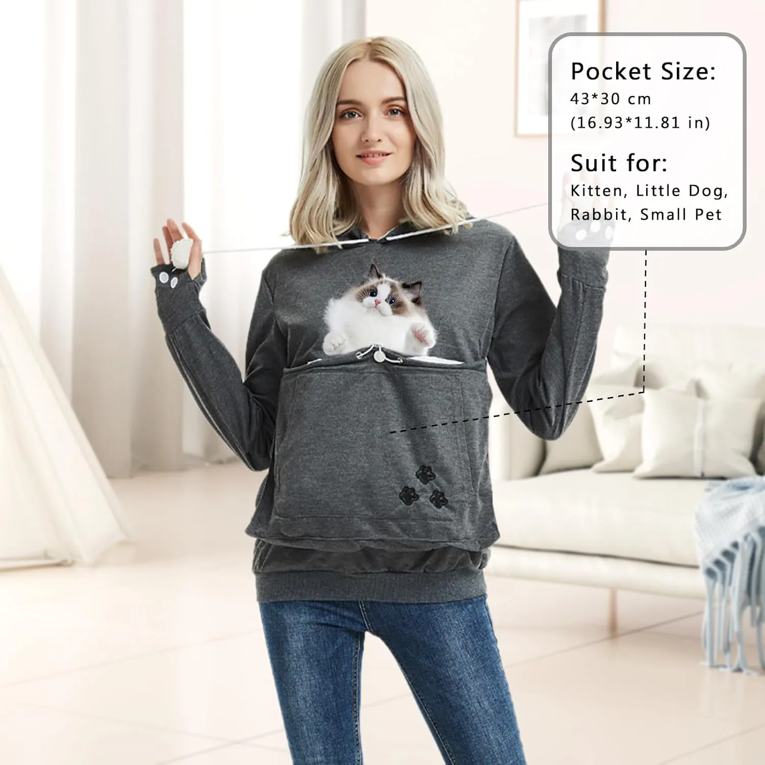 XUDREZ Unisex Big Pouch Hoodie Long Sleeve Pet Dog Holder Carrier Sweatshirt Hooded Pocket Kangaroo Hoodie