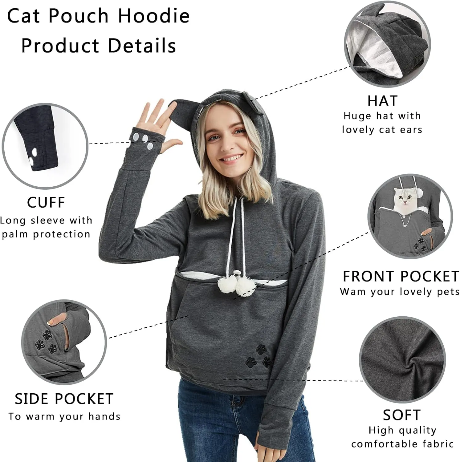 XUDREZ Unisex Big Pouch Hoodie Long Sleeve Pet Dog Holder Carrier Sweatshirt Hooded Pocket Kangaroo Hoodie